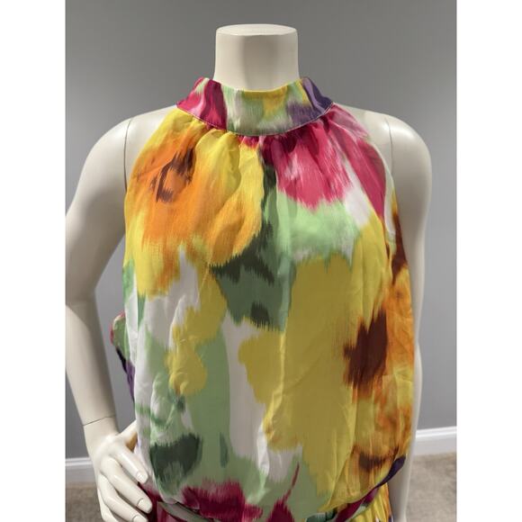 Donna Ricco Mock Neck Belted Sleeveless Floral Chiffon Maxi Dress Size Large - Picture 4 of 11